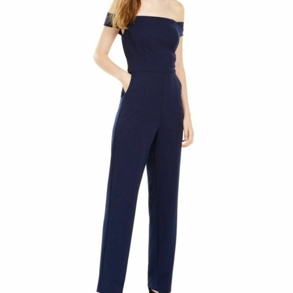 Teeze Me Navy Blue Off The Shoulder Pants Jumpsuit With Pockets Size 3/4 - Picture 10 of 10